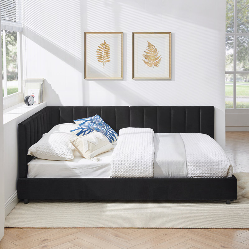 Upholstered Bed Frame with Comfortable Backrest and Armrests, Black