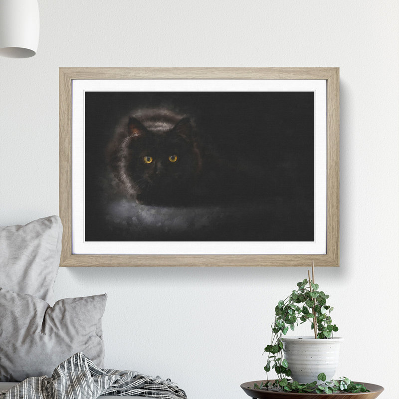 Black Cat with Yellow Eyes - Picture Frame Painting Print, 24cm H x 33cm W x 2cm D, Oak Framed