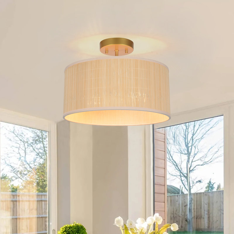 Plafonnier semi-encastré avec abat-jour cylindrique en rotin à intensité variable, 9.4" H x 14" W x 14" D, 2 Lights