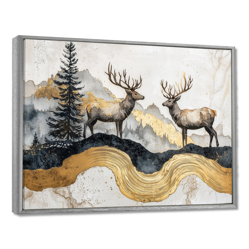 Golden Deer Landscape Grace In The Forest V - Deer, art mural, Argent argent, H 12 po x l 20 po, Cadre flottant