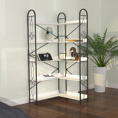 Bibliothèque à 5 niveaux, bibliothèque d'angle de style industriel, structure en fer épaissie et composition en stratifié épaissie, capacité de charge élevée, peut être utilisée dans le salon, la chambre à coucher, le bureau.