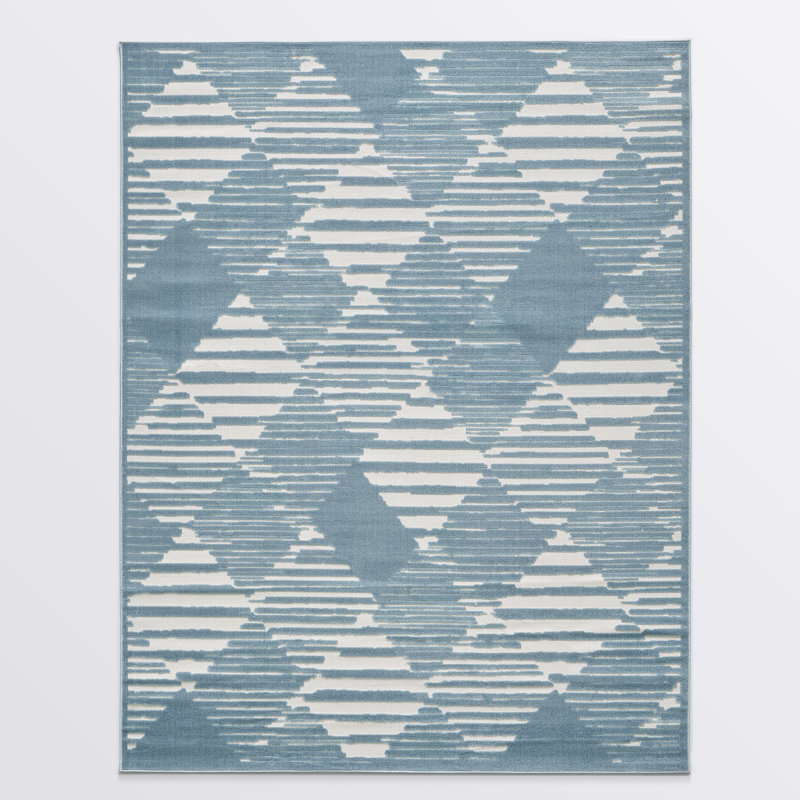 Turkish Unfaded Geometric Indoor Outdoor High-Low Pile Area Rug in Blue/Cream for Patios, Deck, Porch Or Entryway