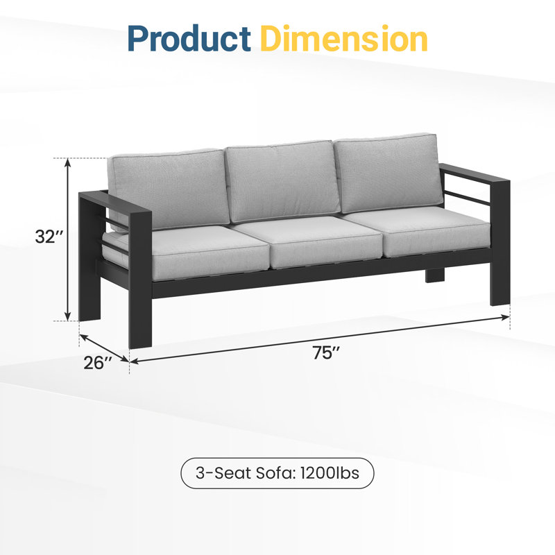 75" Patio Sofa with Cushions, Gray Cushion/Black Frame