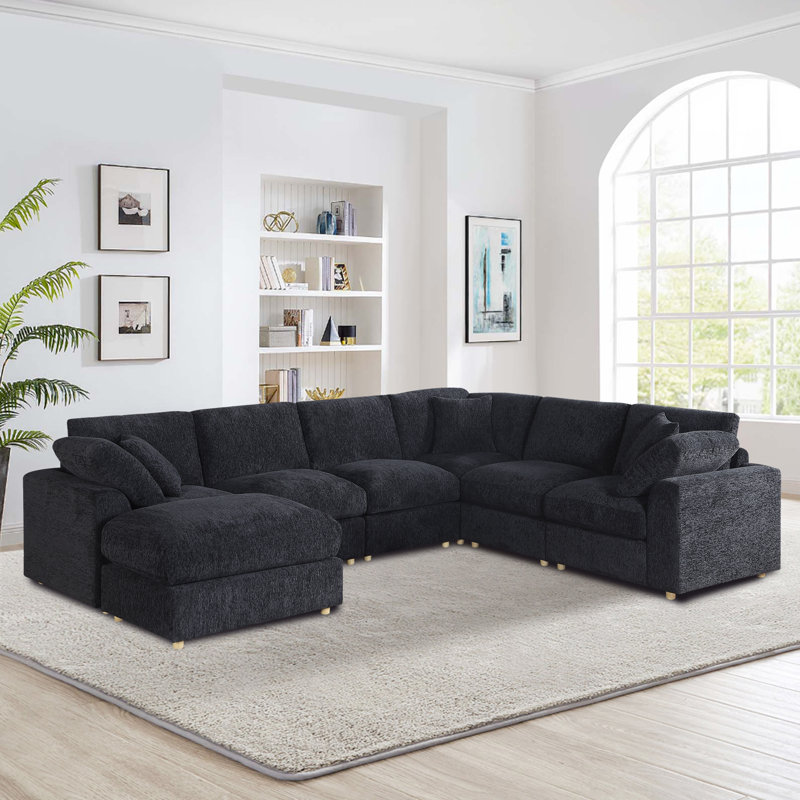  128" Modular Chenille Sectional Sofa with Zippered Cushions, Ottoman & 5 Pillows, 6-Seat Reconfigurable Sofa Set in Gray