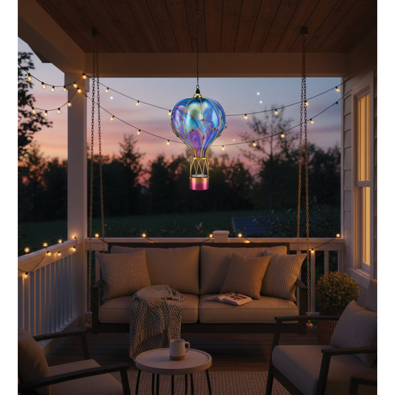 24" Hanging Swirl Balloon Solar Lantern with Glass Panels and Metal Frame - Purple, Purple