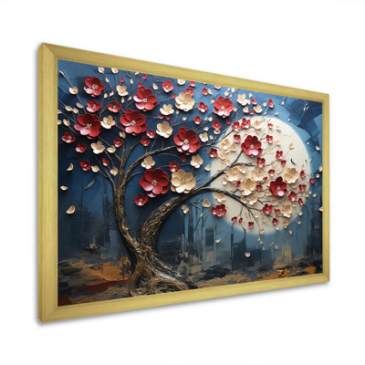 Fleur rouge et or au clair de lune beauté I - arbre, art mural