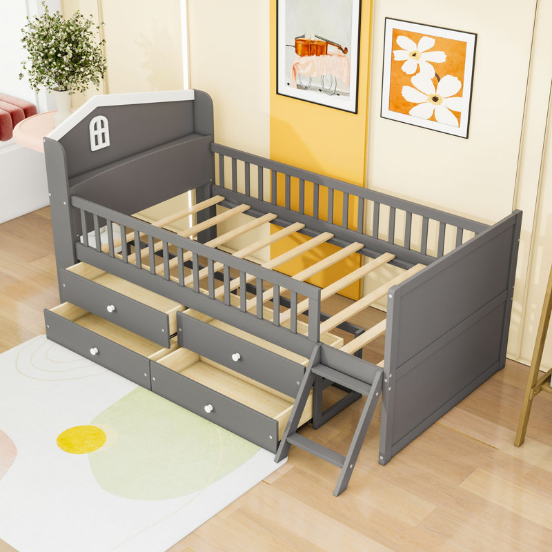 Lit simple avec 4 tiroirs et garde-corps, Gris