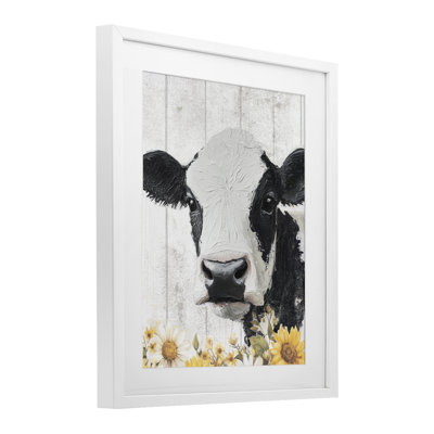 Vache et tournesols, reproduction encadrée sous verre, design par Christine Simpson Art