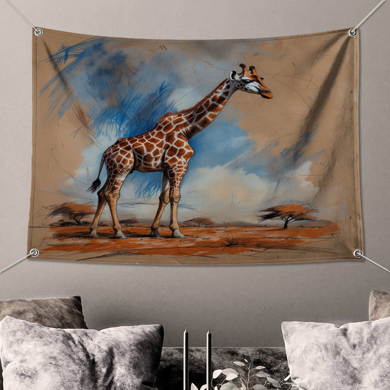 Girafe dans une savane africaine tapisserie murale - Décoration murale girafe, 50in H x60in W with 4 Grommets