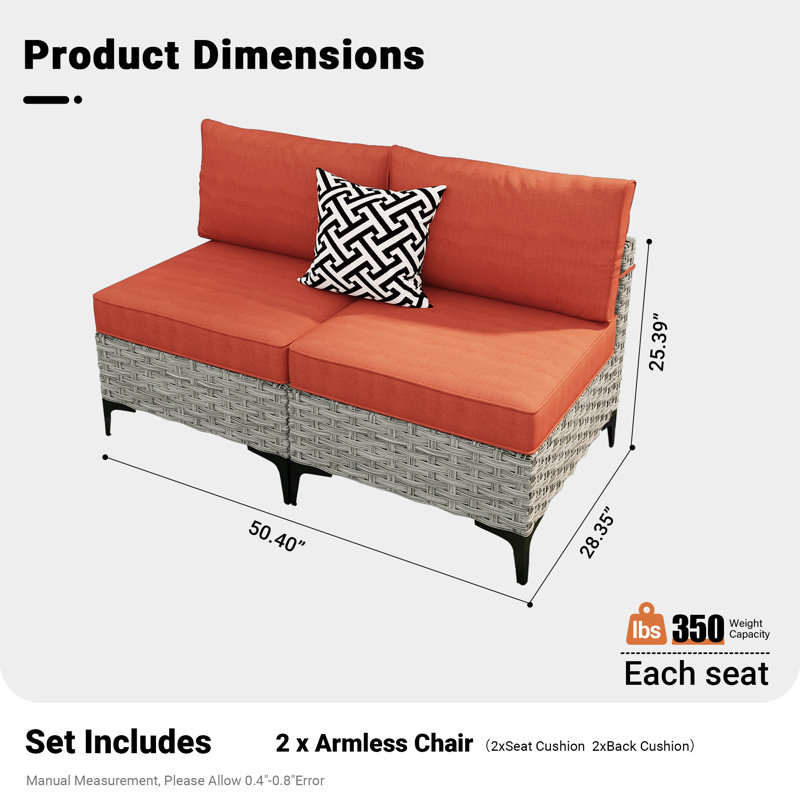 Ensemble de conversation en osier / rotin pour 2 personnes avec coussins Emroy, Rouge mandarine
