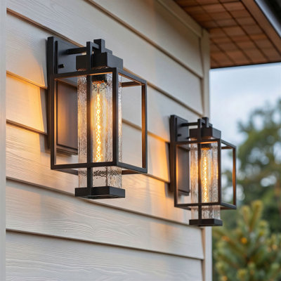 Square Textured Glass Outdoor Wall Lights,15 Inch, E26, Sand Black