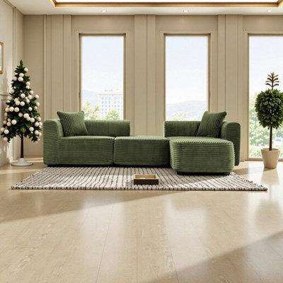 114" Modular Cloud Sectional Sofa With L-Shape Chaise And Movable Ottoman, Plush Corduroy Upholstered Couches