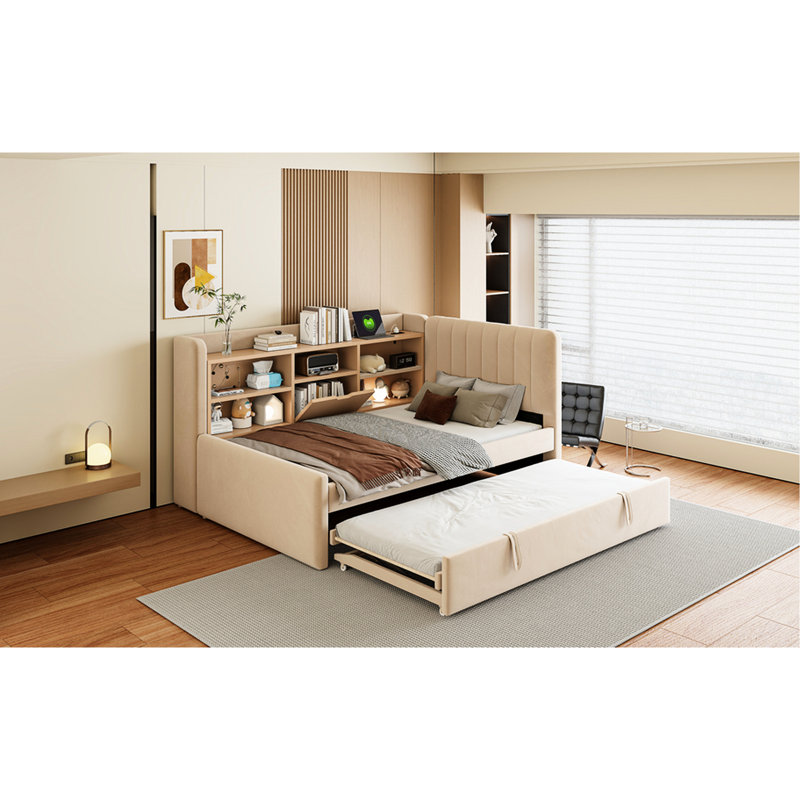 Twin Size Upholstered Daybed In Beige, Trundle For Extra Sleep, Built - Storage And Charging Small Bedrooms Beige With Trundle, Shelves, Integrated & Outlet Modern