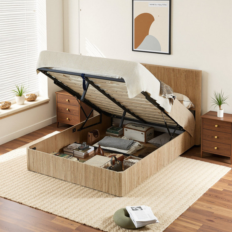 Base de lit de rangement hydraulique Lift Up, Beige, Grand lit