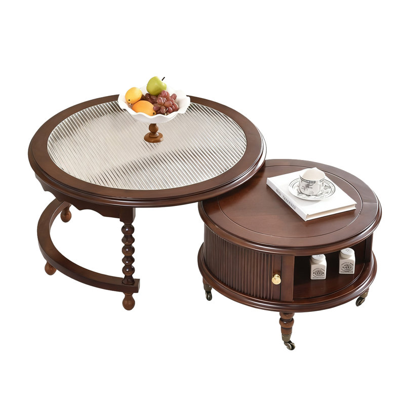 Retro Nut-Brown Solid Wood Round Coffee Table Sets