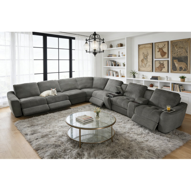 Canapé modulaire inclinable électrique en L avec rangement et charge sans fil, Mélange de polyester gris foncé