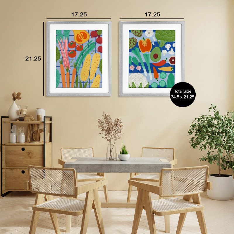 Ensemble de 2 impressions encadrées sous verre Bright Veggie Harvests, design par Courtney Haley, H 21 po x l 17 po