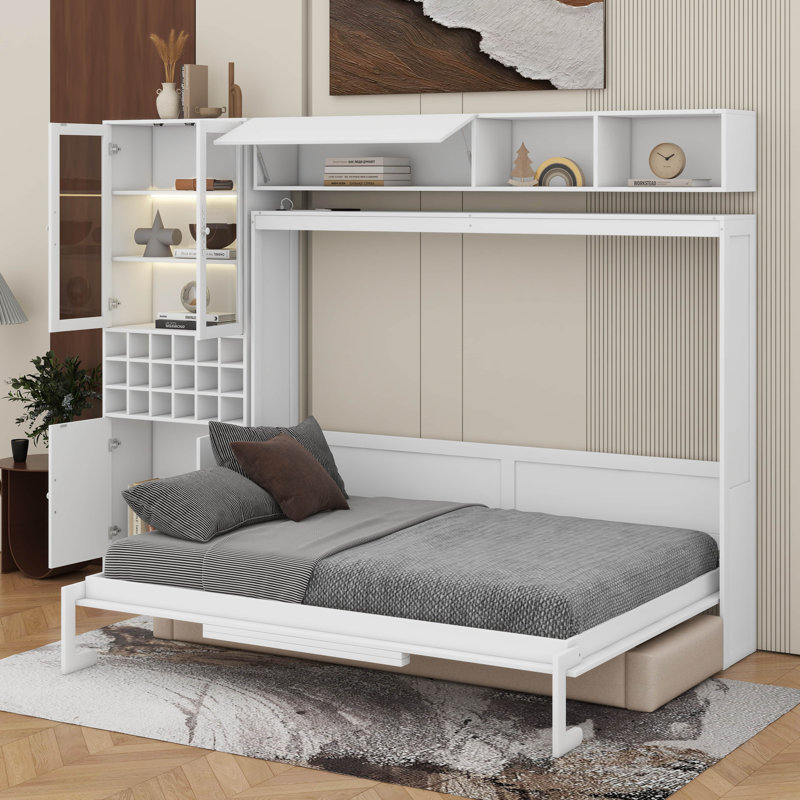 Lit escamotable mural Murphy avec canapé, tablettes, USB et lumière, Blanc, Grand lit