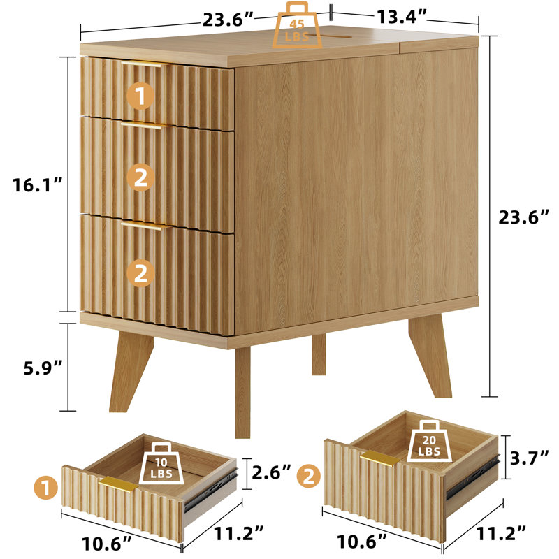End Table with Drawers and Charging Station ( Set Of 2 ), Natural Wood