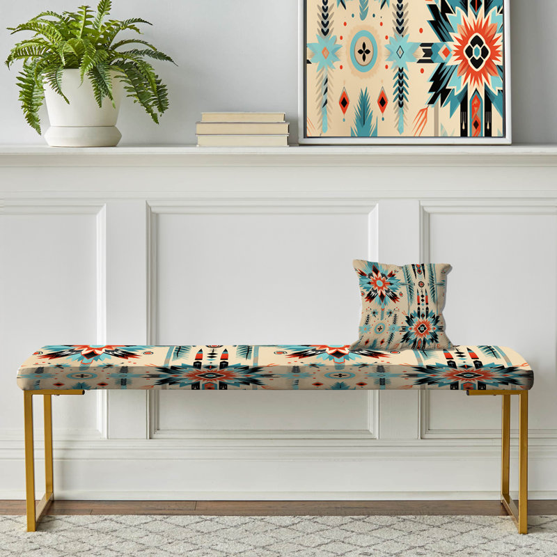 Geometric Upholstered Gold Bench, Beige Vintage Nomad Boho Pattern