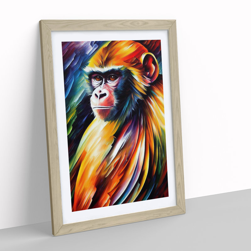 Monkey Portrait No.3 - Single Picture Frame Painting, Oak, 64cm H x 46cm W x 2cm D
