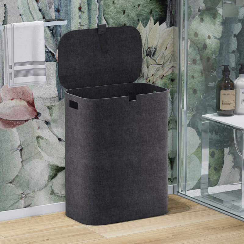 Linen Faux Polyester Laundry Basket with Handles, Cream