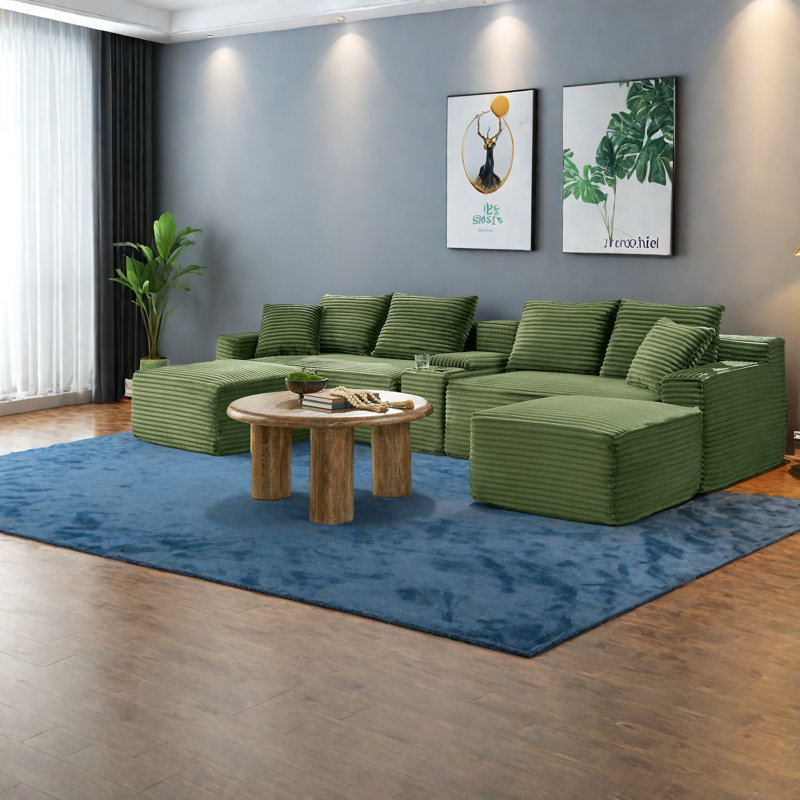Modular Green Corduroy Sectionals With Usb Ports And Cup Holder For Modern Living Rooms