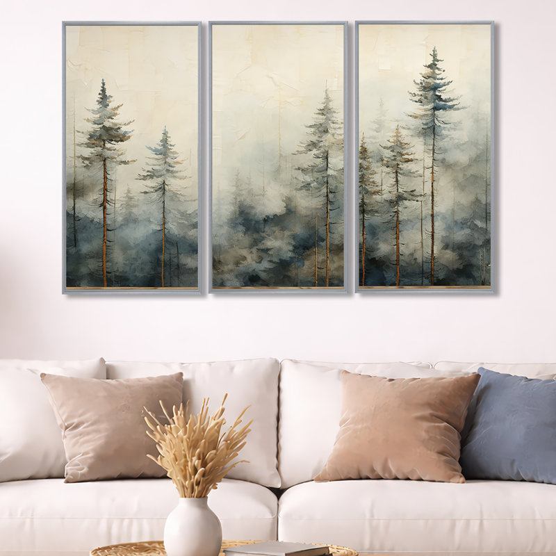 Forêt d'art de pin Minimalisme, H 32 po x l 48 po x P 1 po, Encadrement argenté
