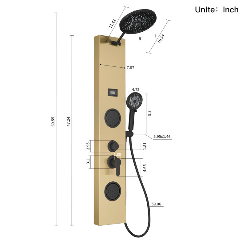 Panneau de douche 60,55 "avec pomme de douche réglable, Or noir