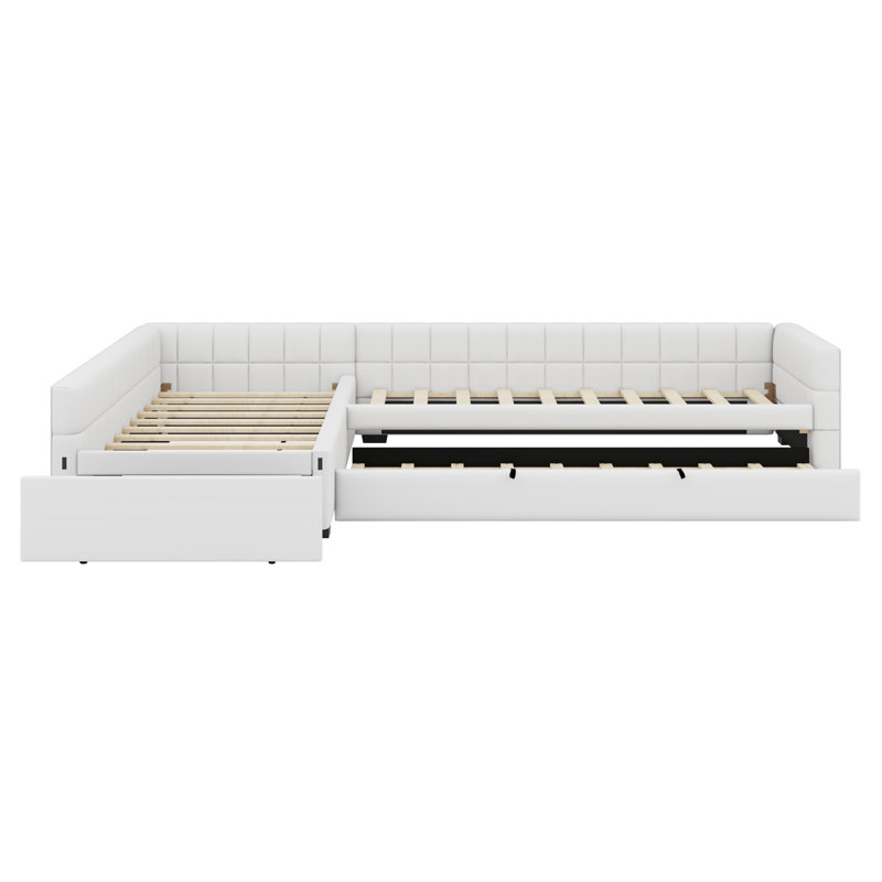 L-Shaped Upholstered Daybed with Trundle Bed & Storage Drawer, Beige