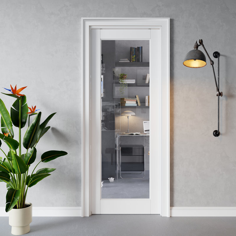 Porte intérieure coulissante à un battant en verre clair, en MDF CARB P2 et verre trempé SGCC, avec cadre renforcé et quincaillerie incluse, pour chambre à coucher, préfinie et imperméable, facile à teindre soi-même, idéale pour garde-manger, chambre, salle de bain et garde-robe, 91,4 cm x 203,2 cm