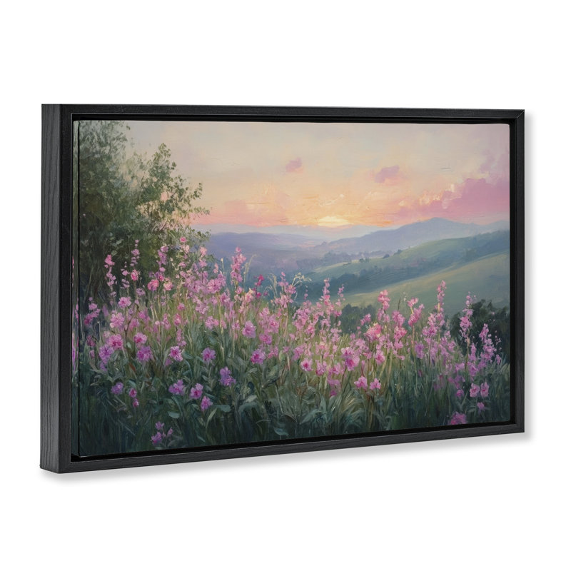 Cadre flottant Twilight Meadow Pink Flowers, design par Petal Prints Design, Cadre flottant noir de jais, H 17 po x l 25 po