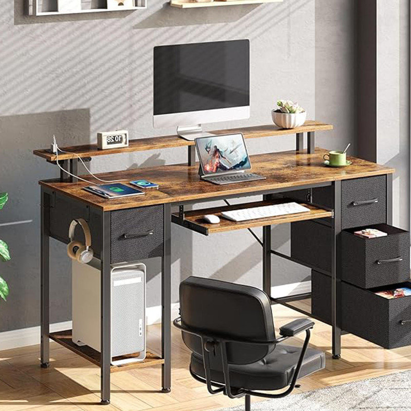 Seventable Computer Desk 47.2" with LED Lights & Power Outlets, Home Office Desk with 4 Drawers and Keyboard Tray, Work Desk for Home Office, Rustic Brown