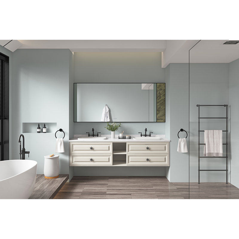 Meuble-lavabo à miroir 72 po x 36 po à DEL, mémoire de brouillard murale réglable et réglable en pierre naturelle, imperméable avec dossier