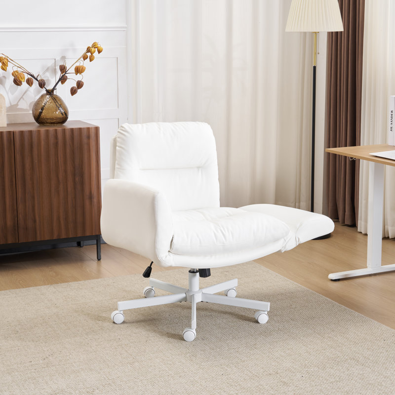 PU Leather Cross-Legged Swivel Home Office Chair Task Chair With Flip-Up Armrests, White