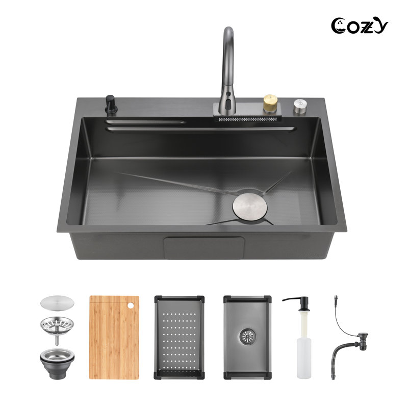 Évier de cuisine à cuve simple encastrable en acier inoxydable 33 po avec robinet de pluie, planche à découper et crépine 
