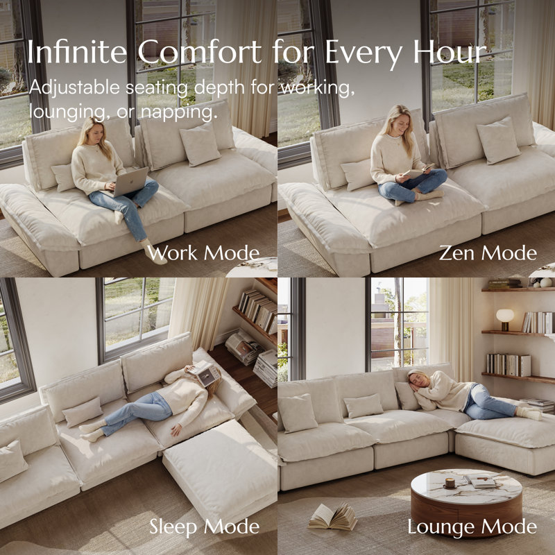 141.73" Extra Deep Beige Sofa Stain Resistant Cozy Pet-Friendly Couch With Adjustable Backrest, Beige