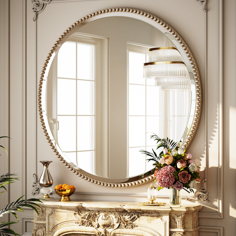 Miroir de salle de bain décoratif perlé avec cadre en résine, Argent, H 32 po x l 32 po