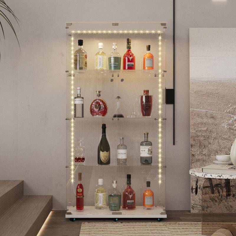 Vitrine en verre trempé, armoire à vin, armoire de rangement, classeur, avec bande DEL Bluetooth, peut être contrôlée par une télécommande ou une application mobile, roulettes pivotantes, peut être placée n'importe où