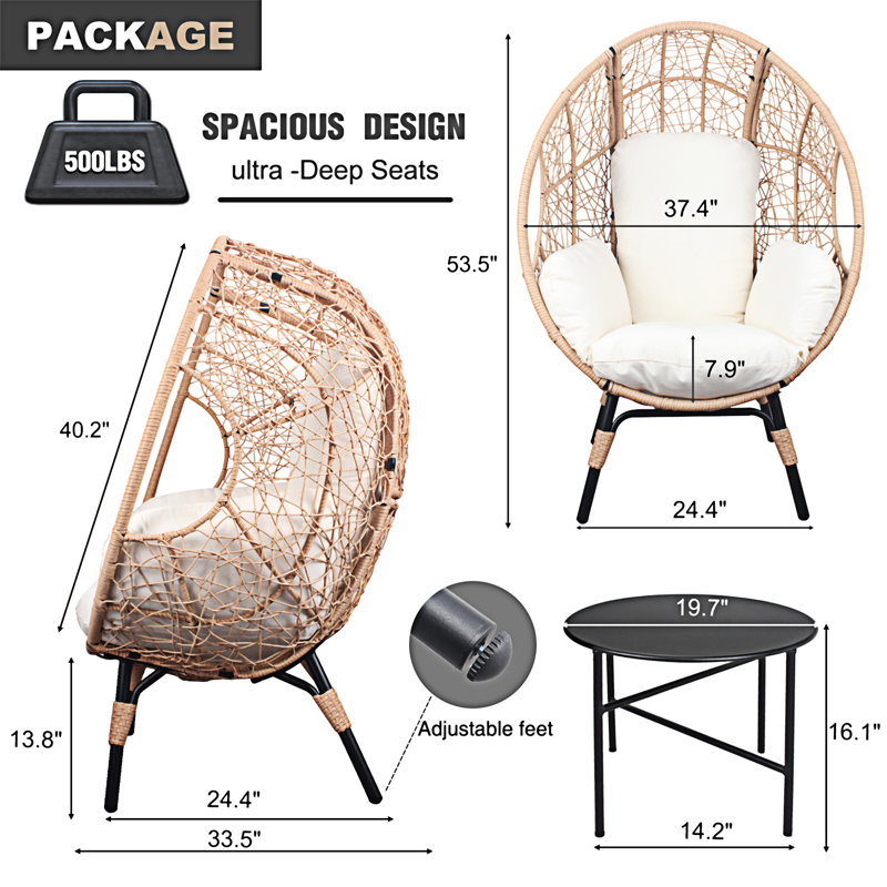 Chaise de patio en osier PE modèle 3 avec coussin en rotin et table d'appoint, Blanc, Naturel