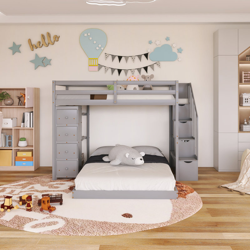 Lit superposé simple au-dessus de double avec cadre en bois avec tablettes à 3 niveaux, tiroirs et escalier de rangement