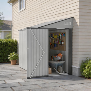 Remise de rangement inclinée en métal avec porte verrouillable, coffre à outils extérieur en acier résistant aux intempéries