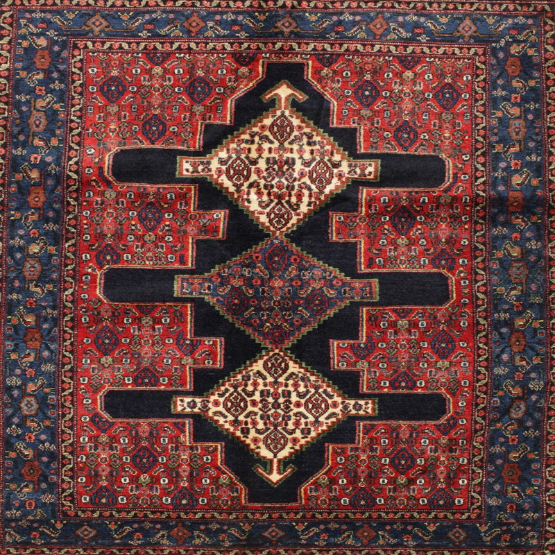 Tapis traditionnel rouge / noir, Rond 5 pi