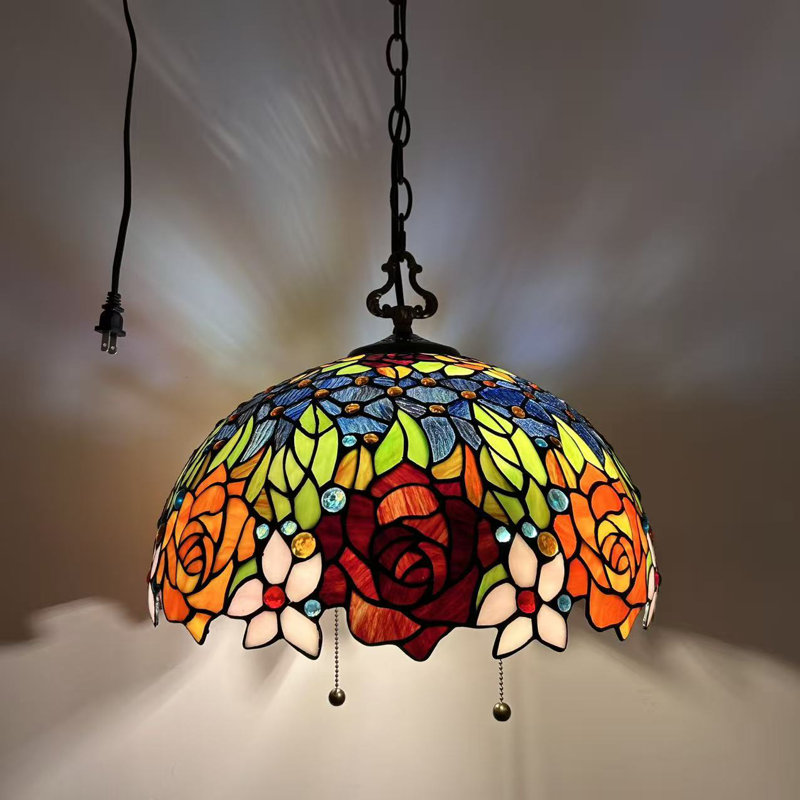 Bacus Tiffany Pendant Lights Fixture Plug in Stained Glass Rose Flowers LED Bulbs 16" W*16" D*75" H, Blue/Orange/Red