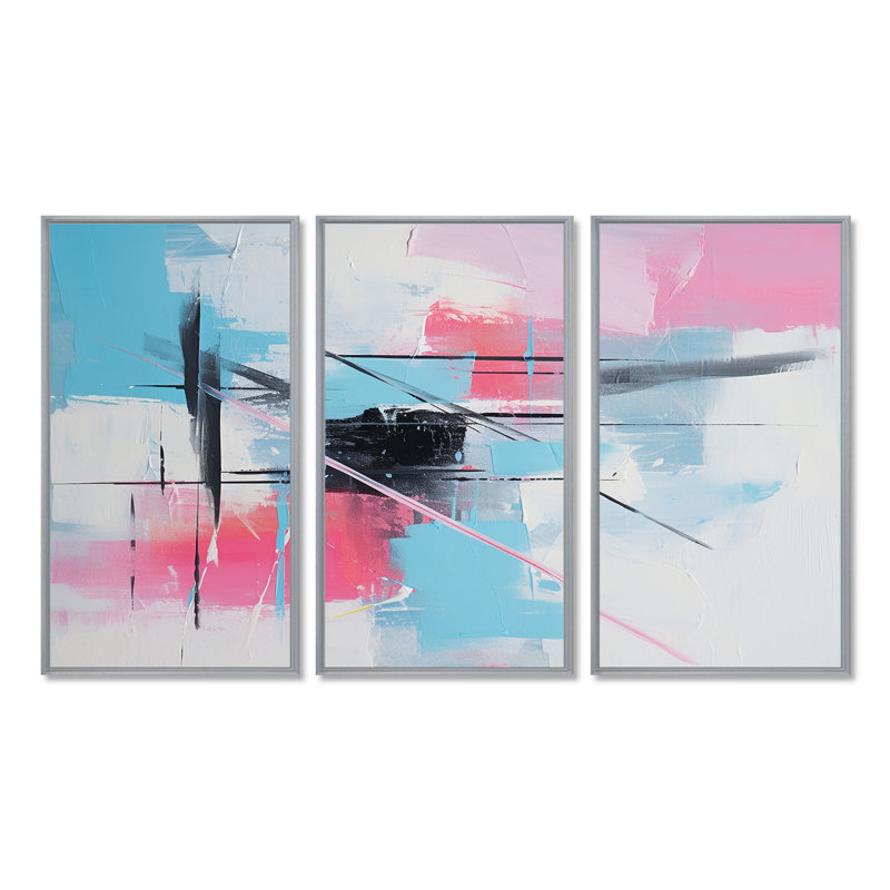Subtil pastel rose Strokes - ensemble d'art abstrait mural, H 40 po x l 60 po x P 1 po, Encadrement argenté