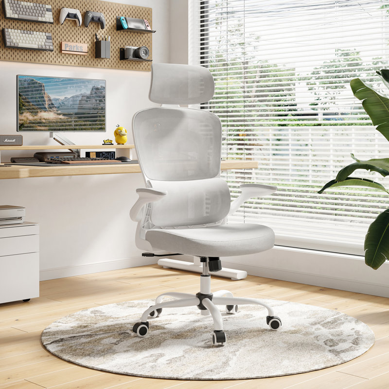 Chaise de bureau moderne et ergonomique avec appui-tête réglable, accoudoirs pliables et soutien lombaire, Gris
