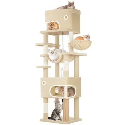 Cat Tree for Indoor Cats, Multi-layer Scratching Post with Large Platform, 2 Caves, 7 Sisal Posts, Pompoms, Cat Basket, Hammock, Suitable for Cats
