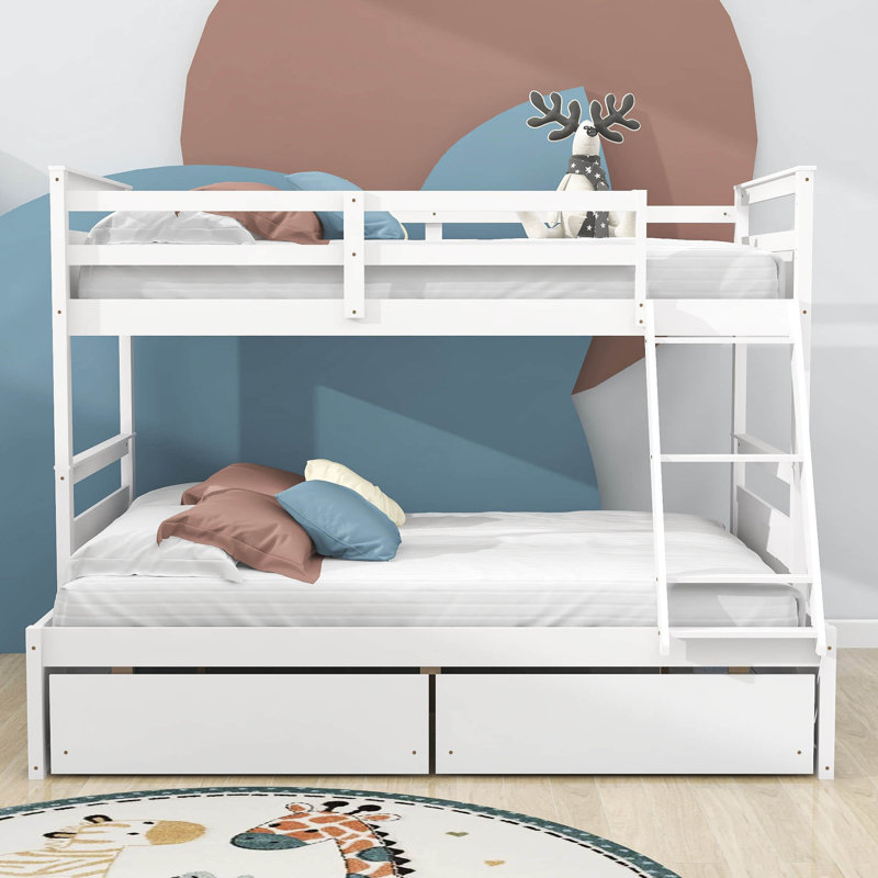Lit superposé simple au dessus d'un lit double en bois avec 2 tiroirs de rangement, Blanc