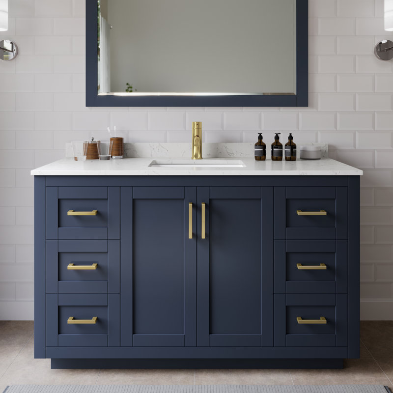 Miranda 54" Freestanding Single Bathroom Vanity with Cultured Marble Top with 46" Mirror, Dark Blue, Gold