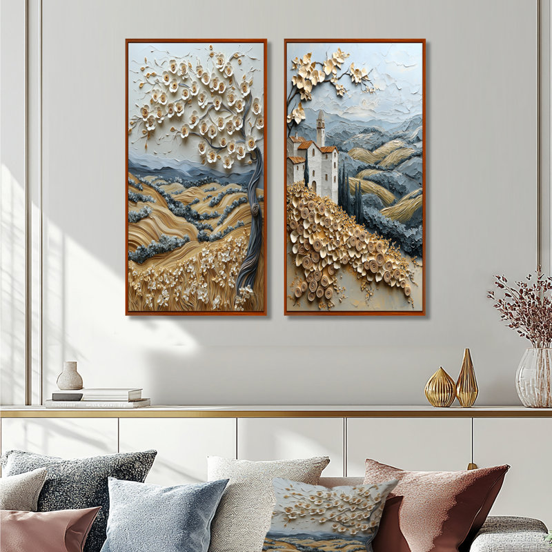 Ensemble de 2 pièces d'art mural moderne bleu Toscan Vineyard I - Italie, H 28 po x l 24 po, Cadre flottant brun